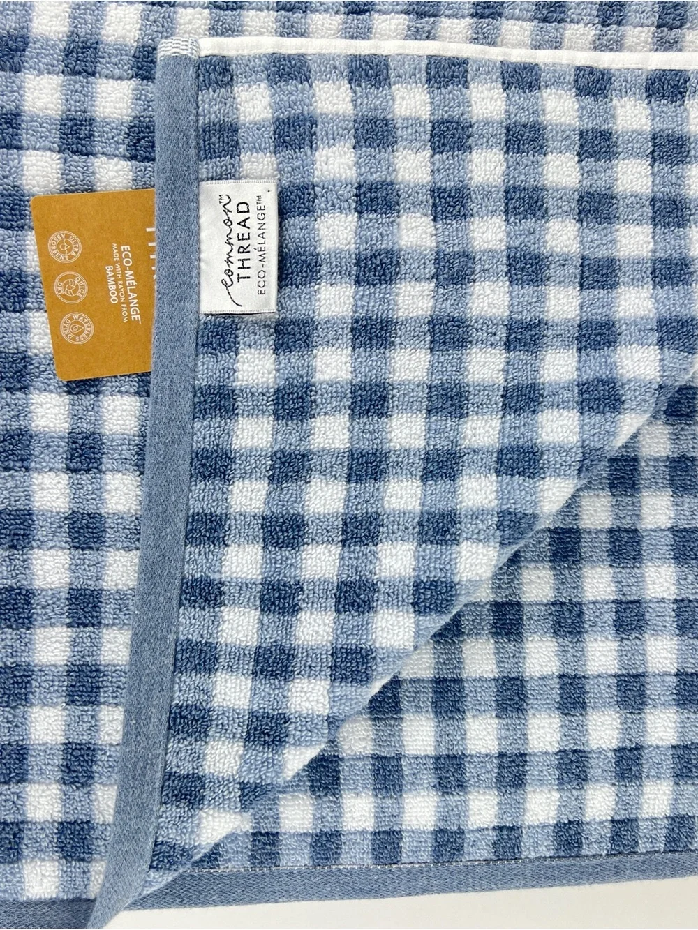 Common Thread Bamboo Bath Towels Blue White Check Soft Cotton Blend 2 Pc NEW